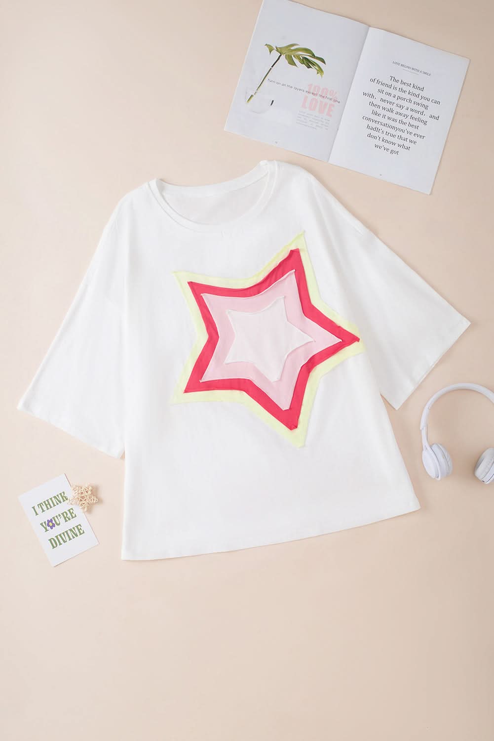 White Colorblock Star Patched Half Sleeve Oversized Tee - Love Salve